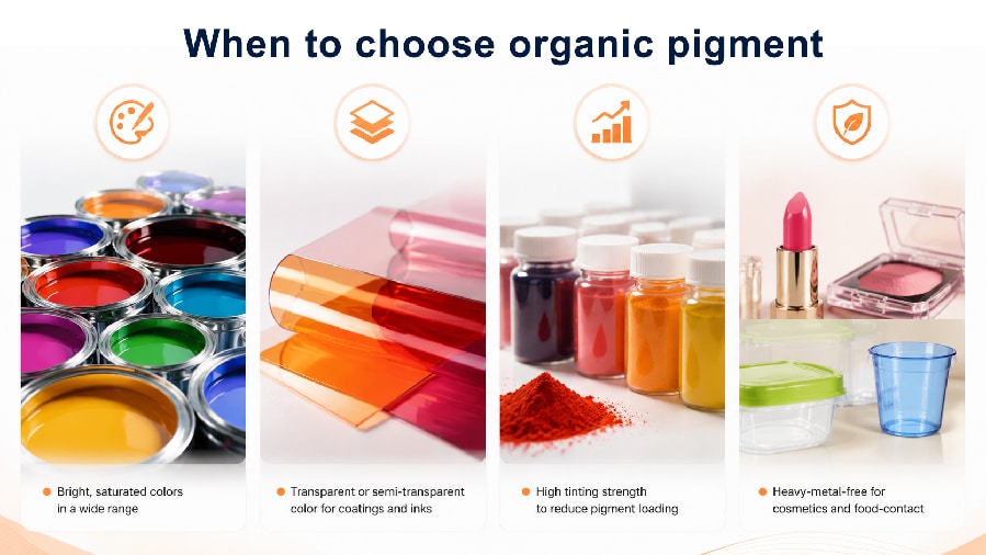Side by side comparison of bright organic pigment powders and earthy inorganic pigment powders in glass containers